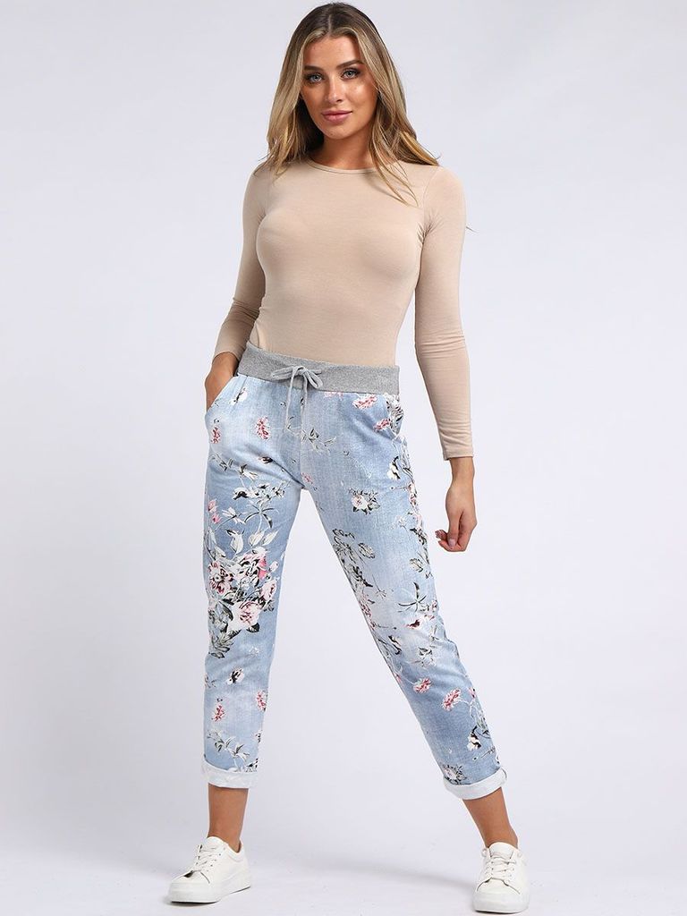 floral denim joggers
