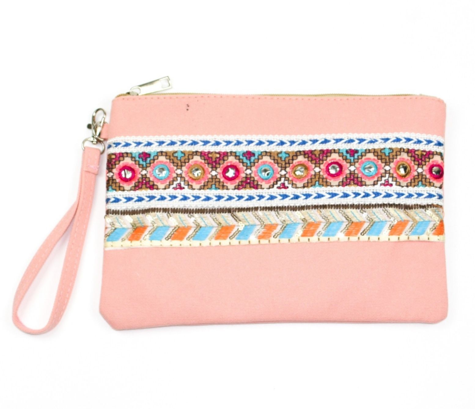 BOHO style clutch bag with zip fastening and detachable hand strap ...