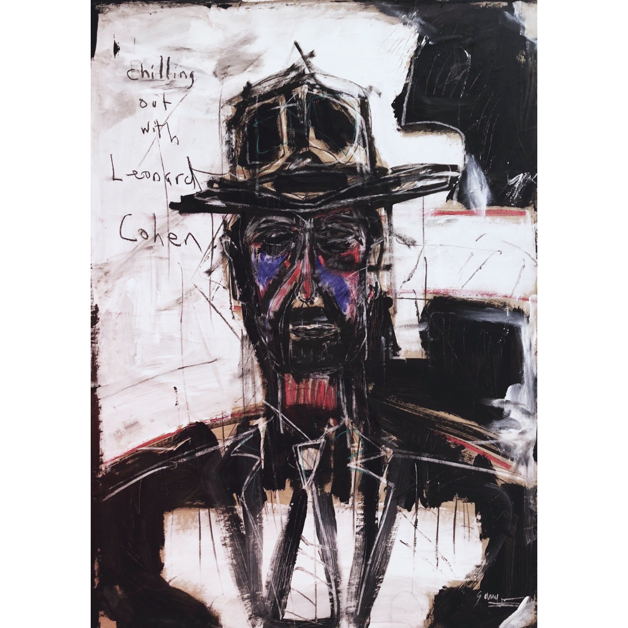 "Leonard Cohen" Mixed media on canvas by Derek Garubo. 65 x 90 cm