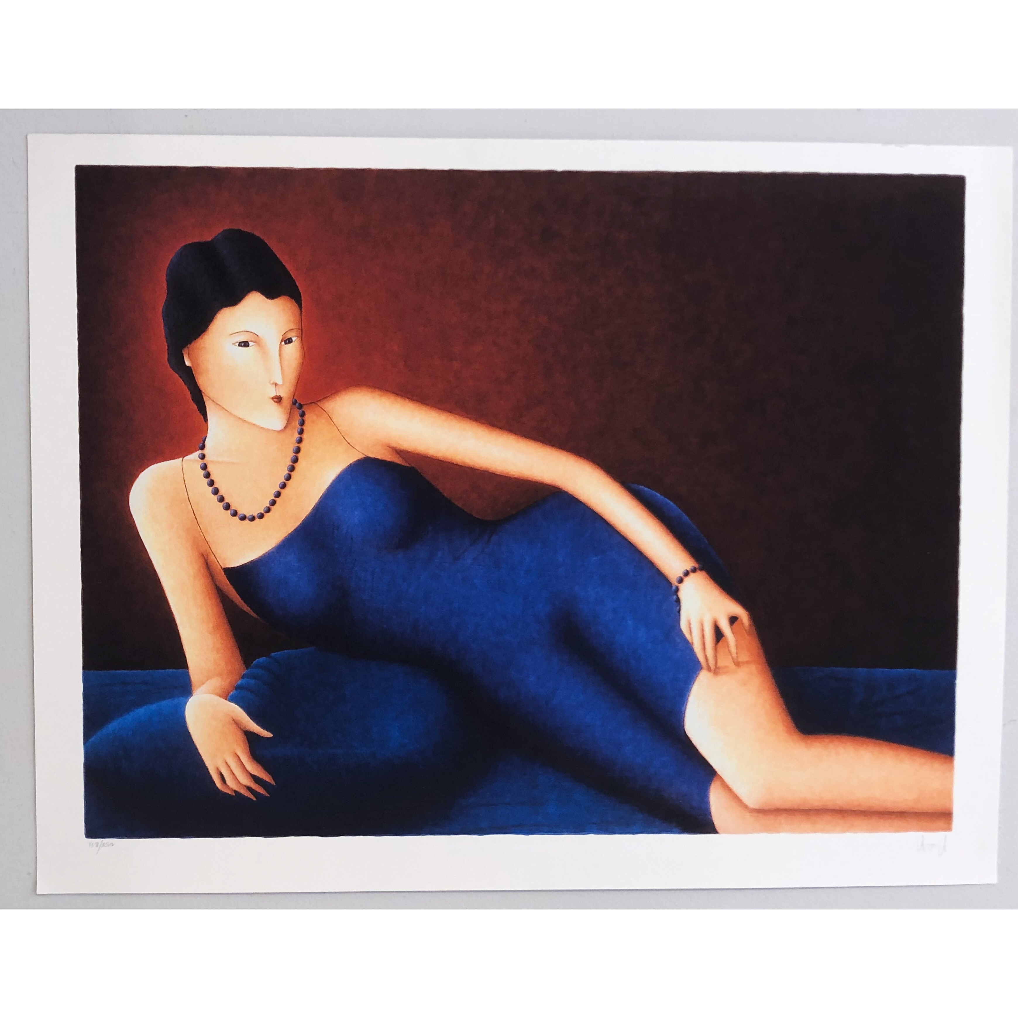 "Woman in blue dress" Lithograph by Ralf Artz. 75 x 58 cm