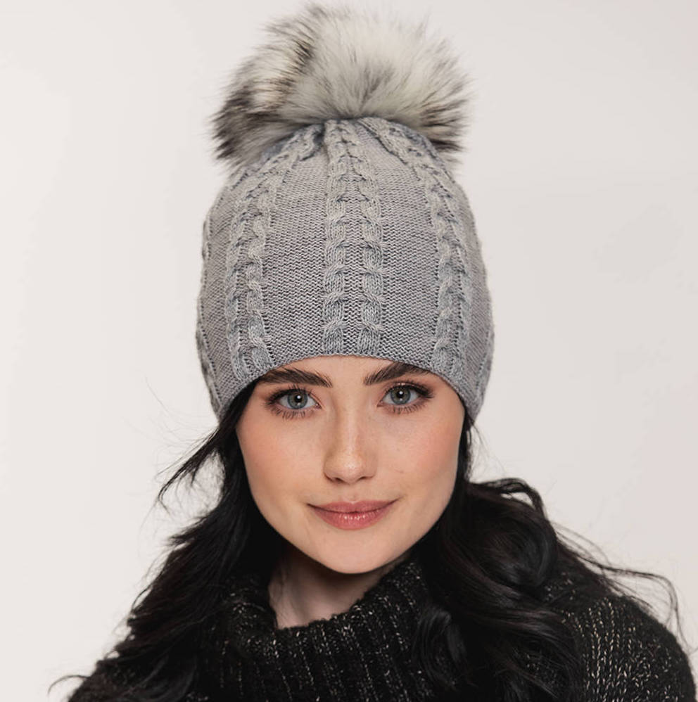 Grey Hibiscus Hat with Faux Fur Pompom