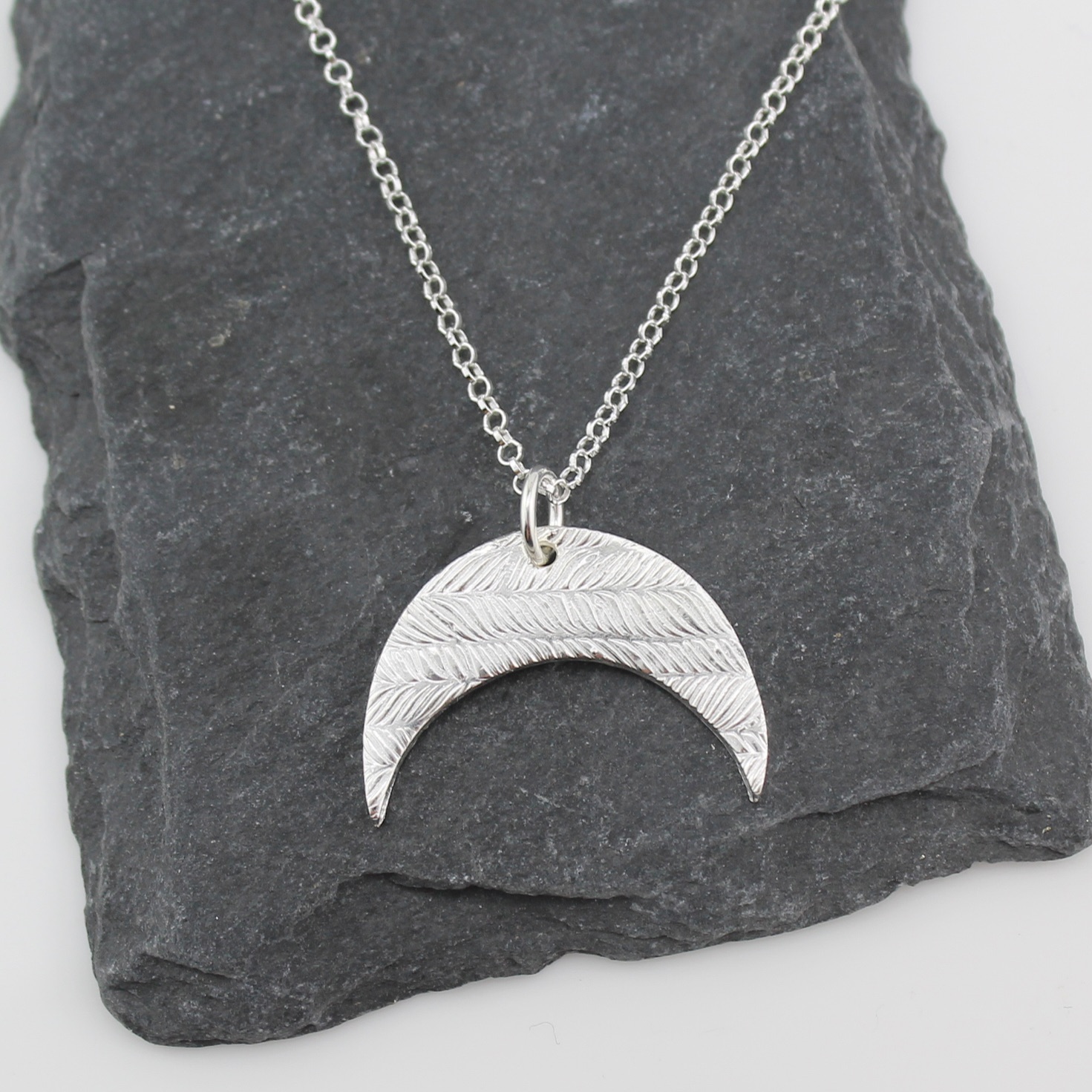Sterling Silver Textured Crescent Moon Pendant by Lucy Kemp