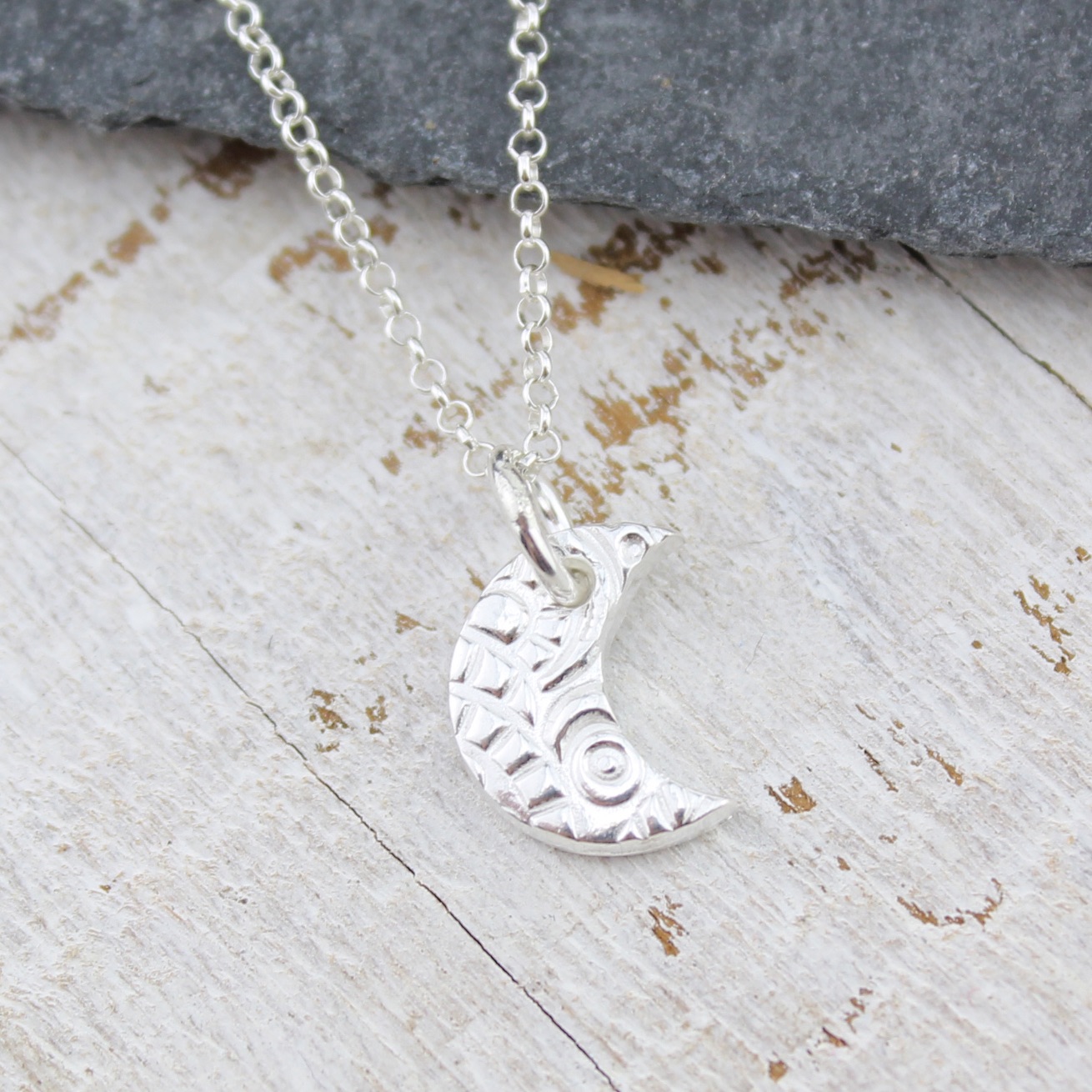 Textured Silver Small Moon Pendant by Lucy Kemp