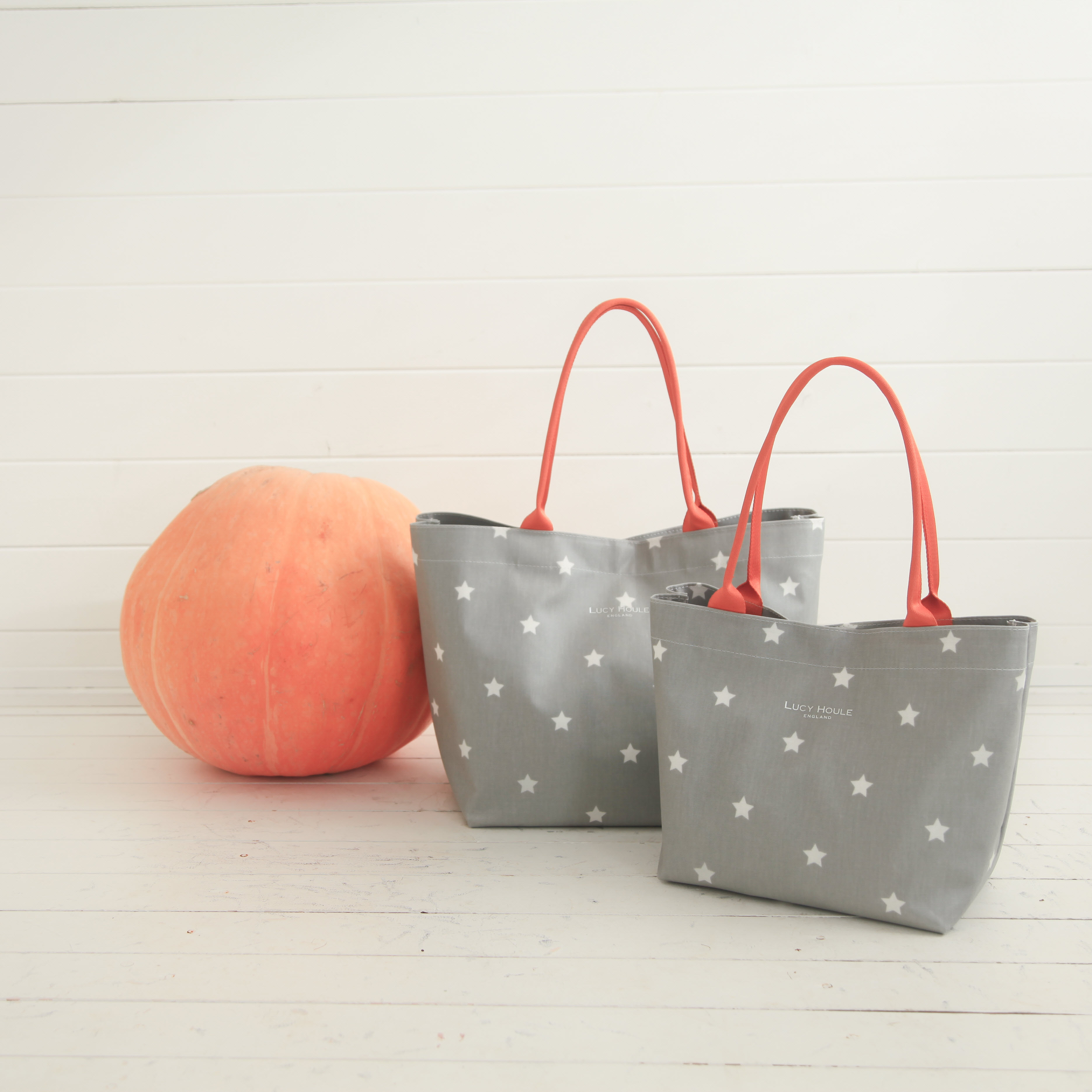 Grey & White Star Small Tote Bag with Orange Handles