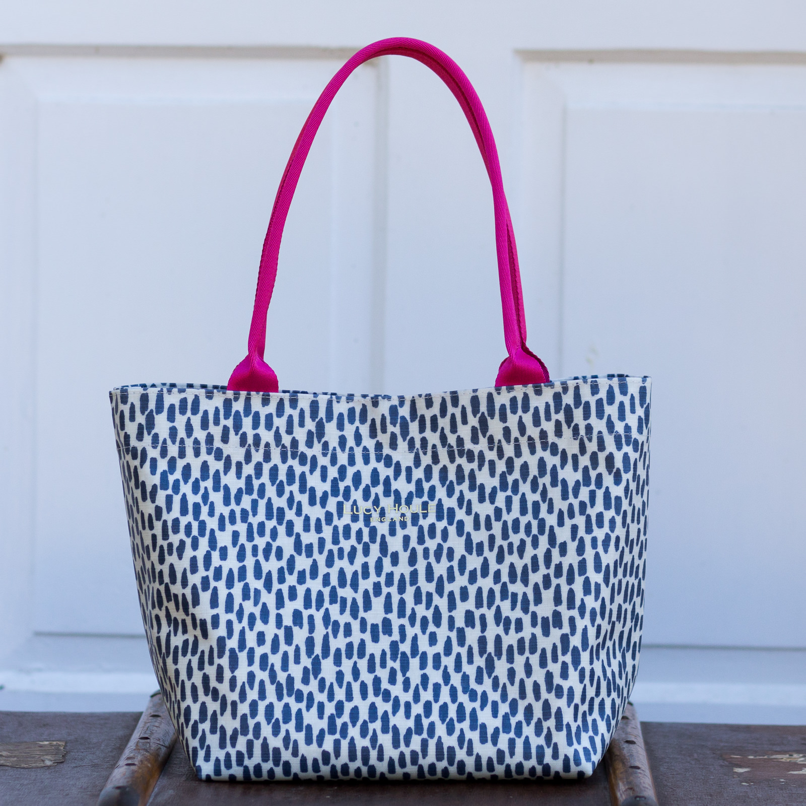 Navy Cobblestone Small Tote Bag with Pink Handles