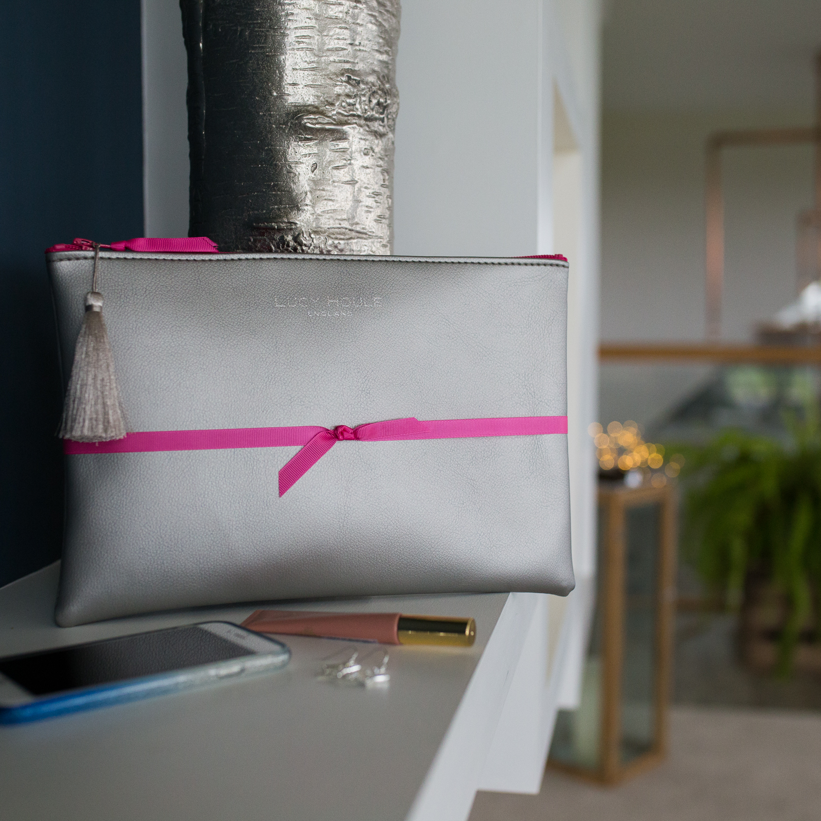 Faux Leather Silver Clutch with Pink Zip