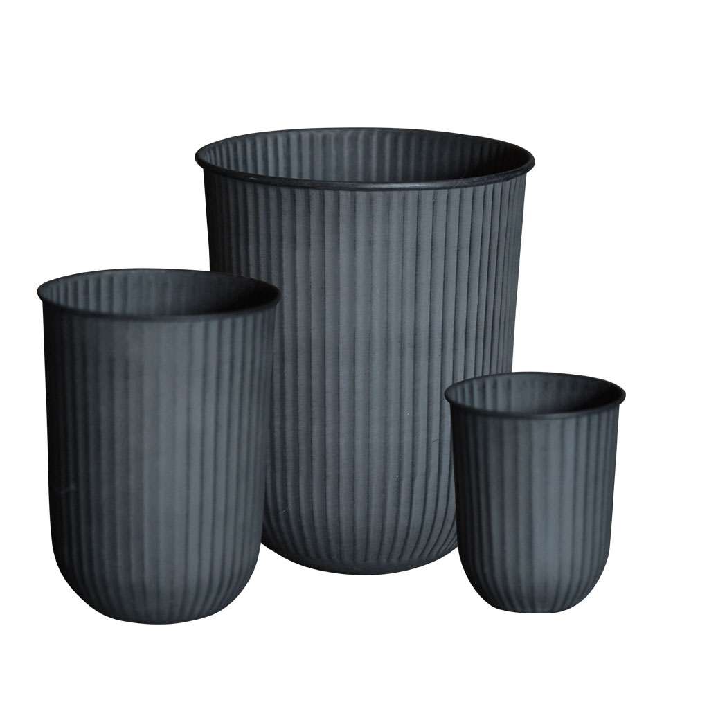 Out pot stripe, Krukke i sort metal med riller, 3 størrelser