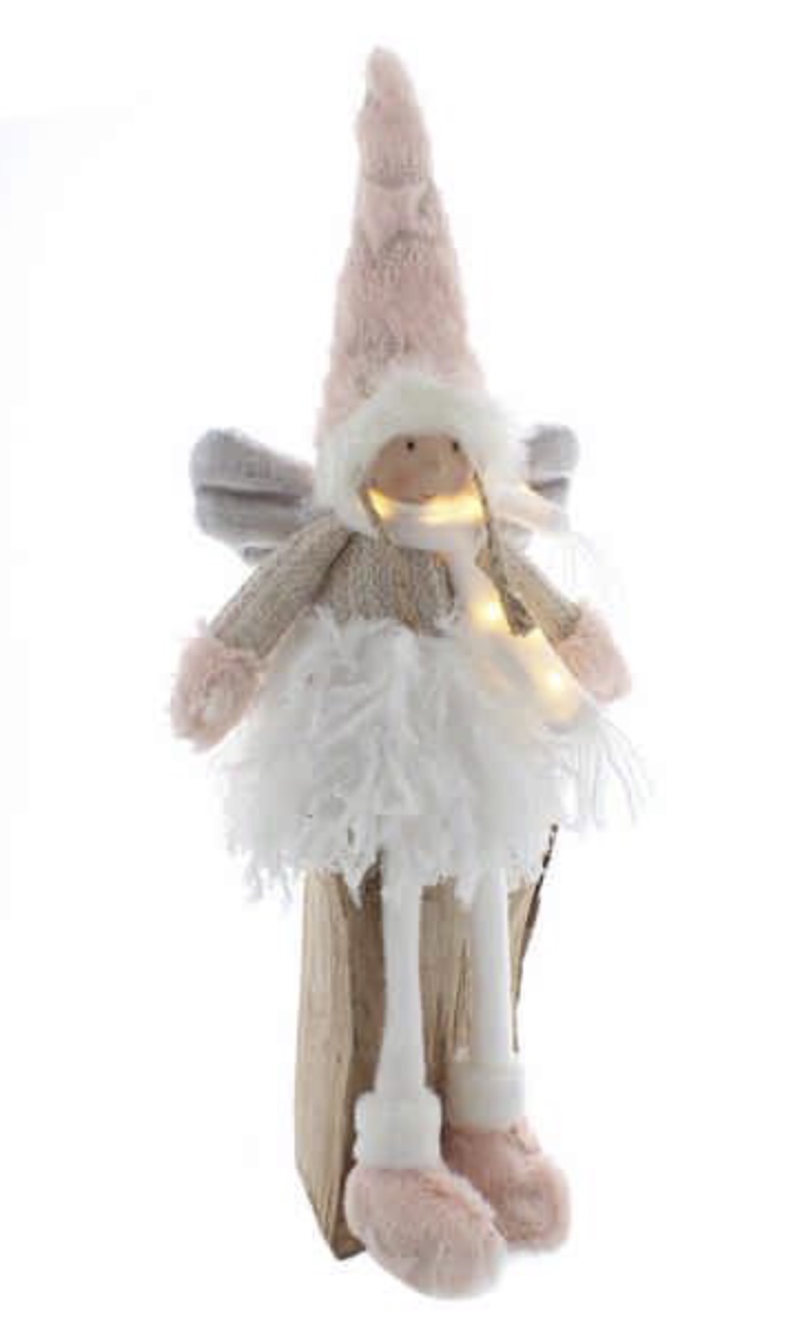 Sitting angel fluffy pink and white led