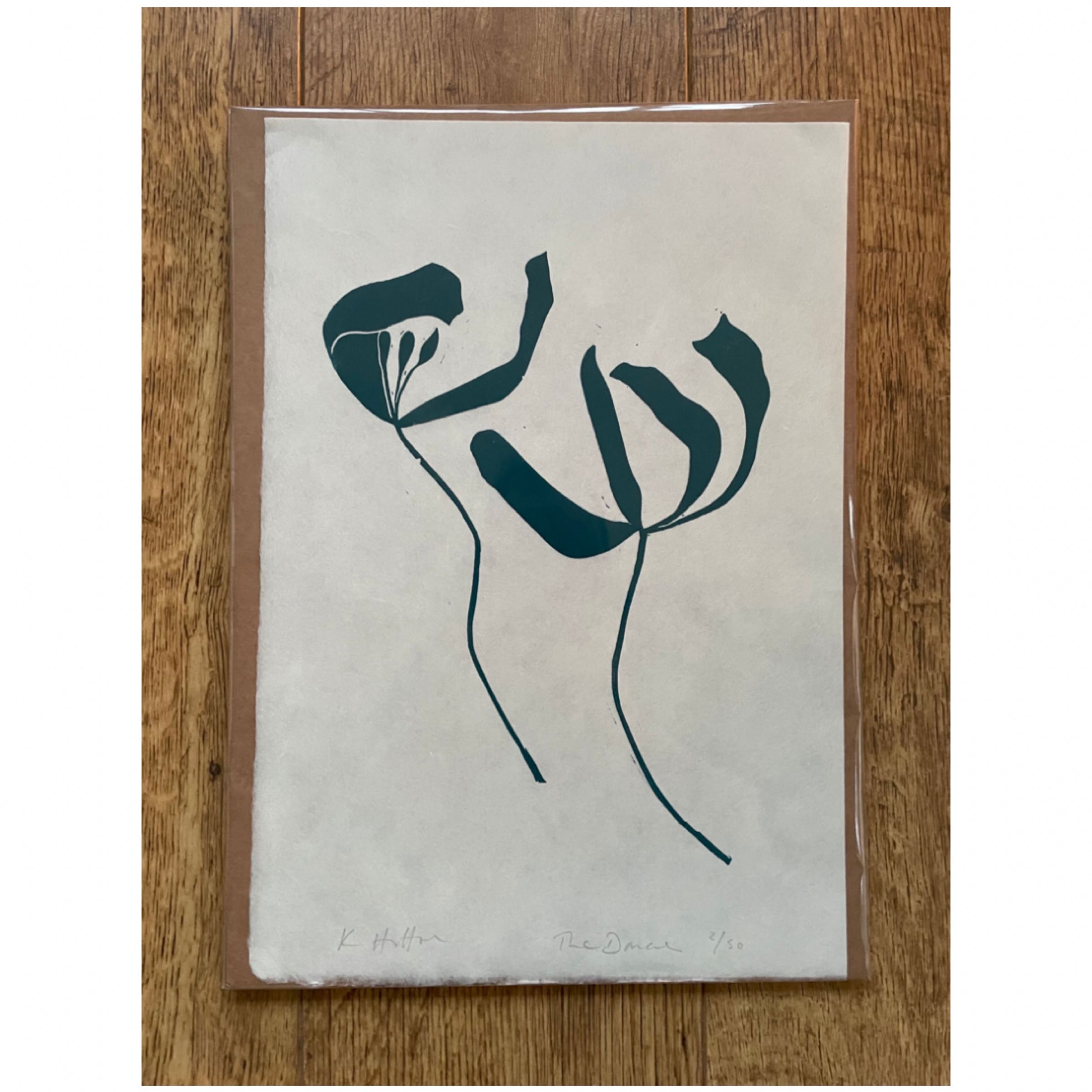 The Dance. Lino print of Two tulips in Teal by Kathy Hutton