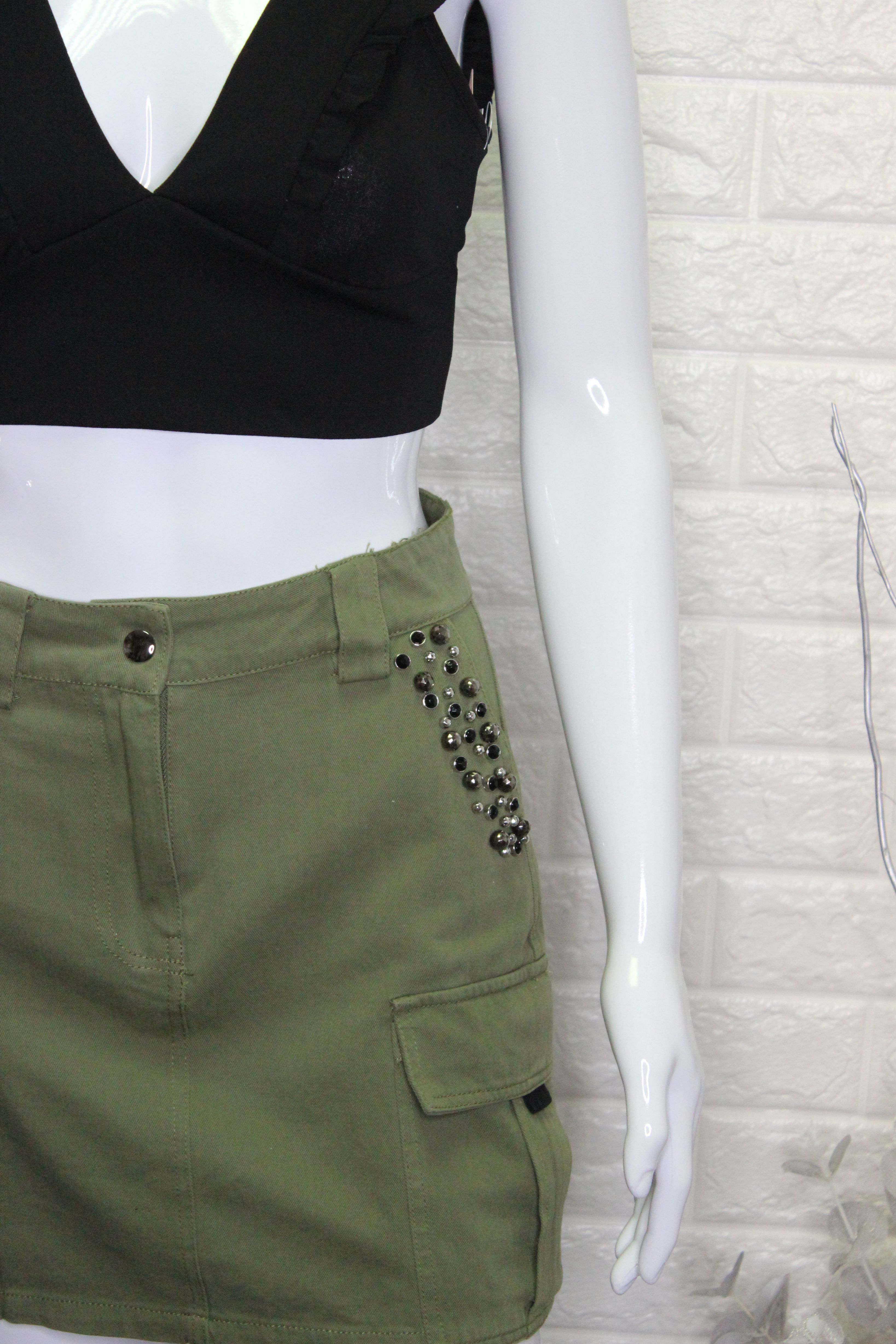 khaki cargo denim skirt