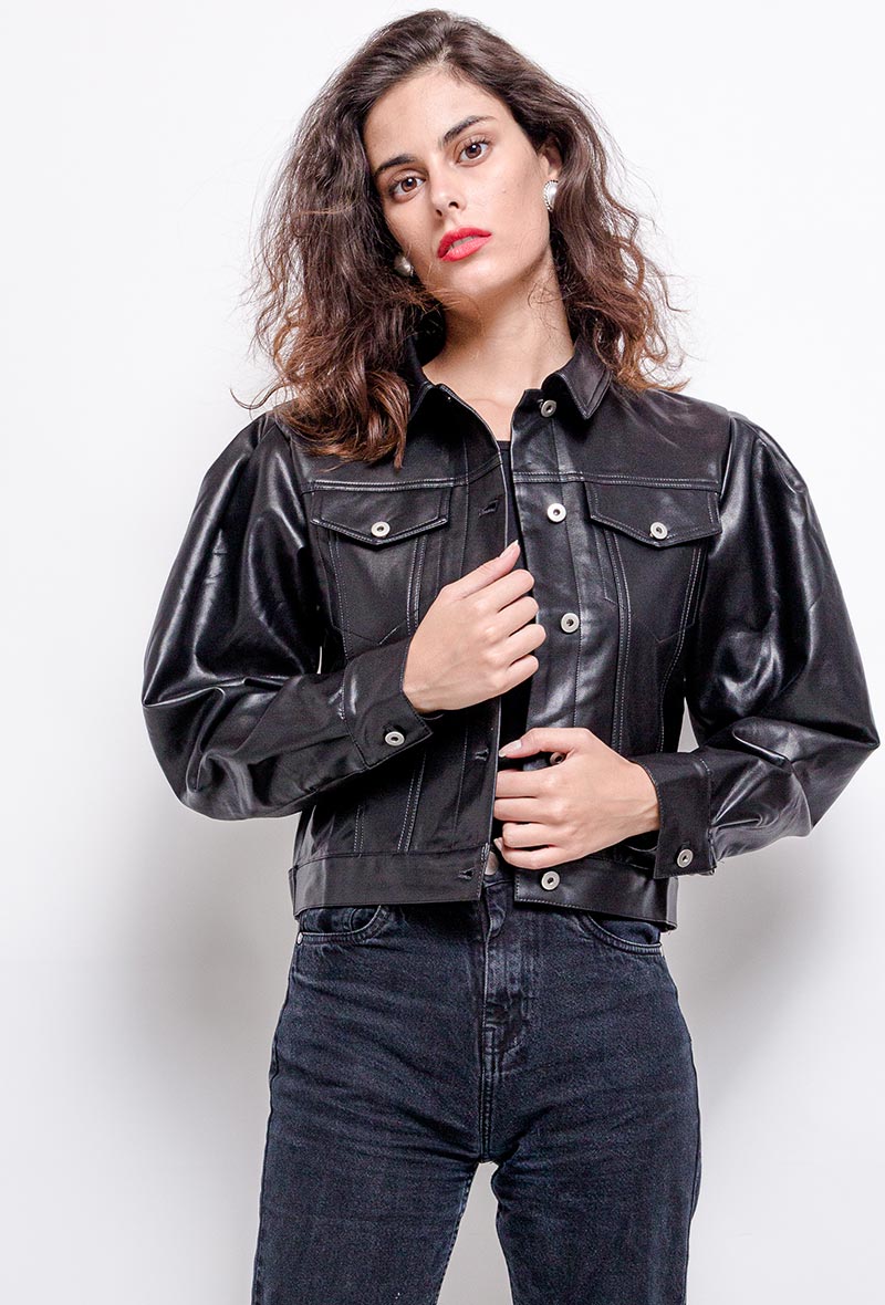 Cropped Fake Leather Puff Sleeves Jacket Blouse "Kim"