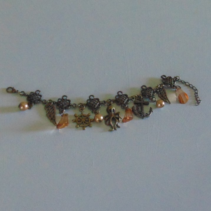 Bracelet - Brass Effect Nautical Charms with Amber Beads