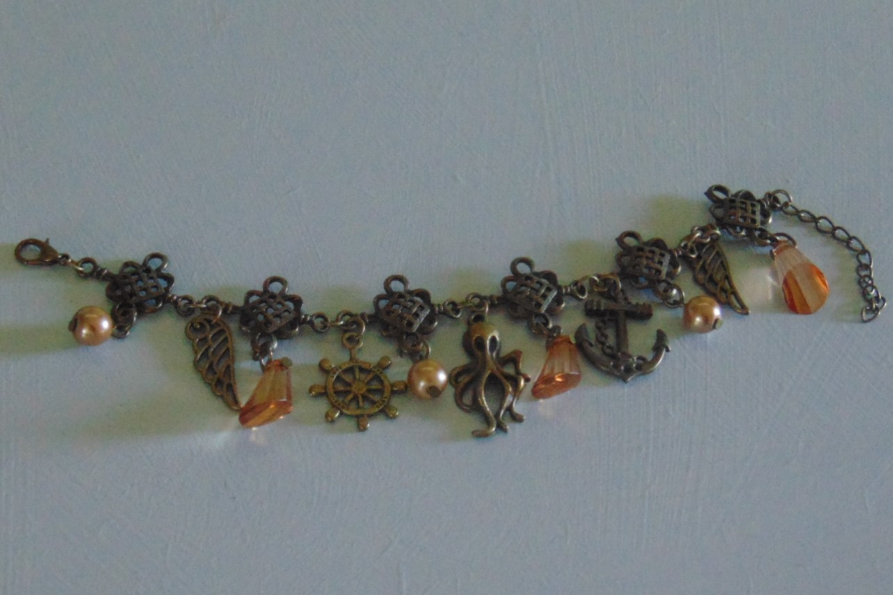 Bracelet - Brass Effect Nautical Charms with Amber Beads