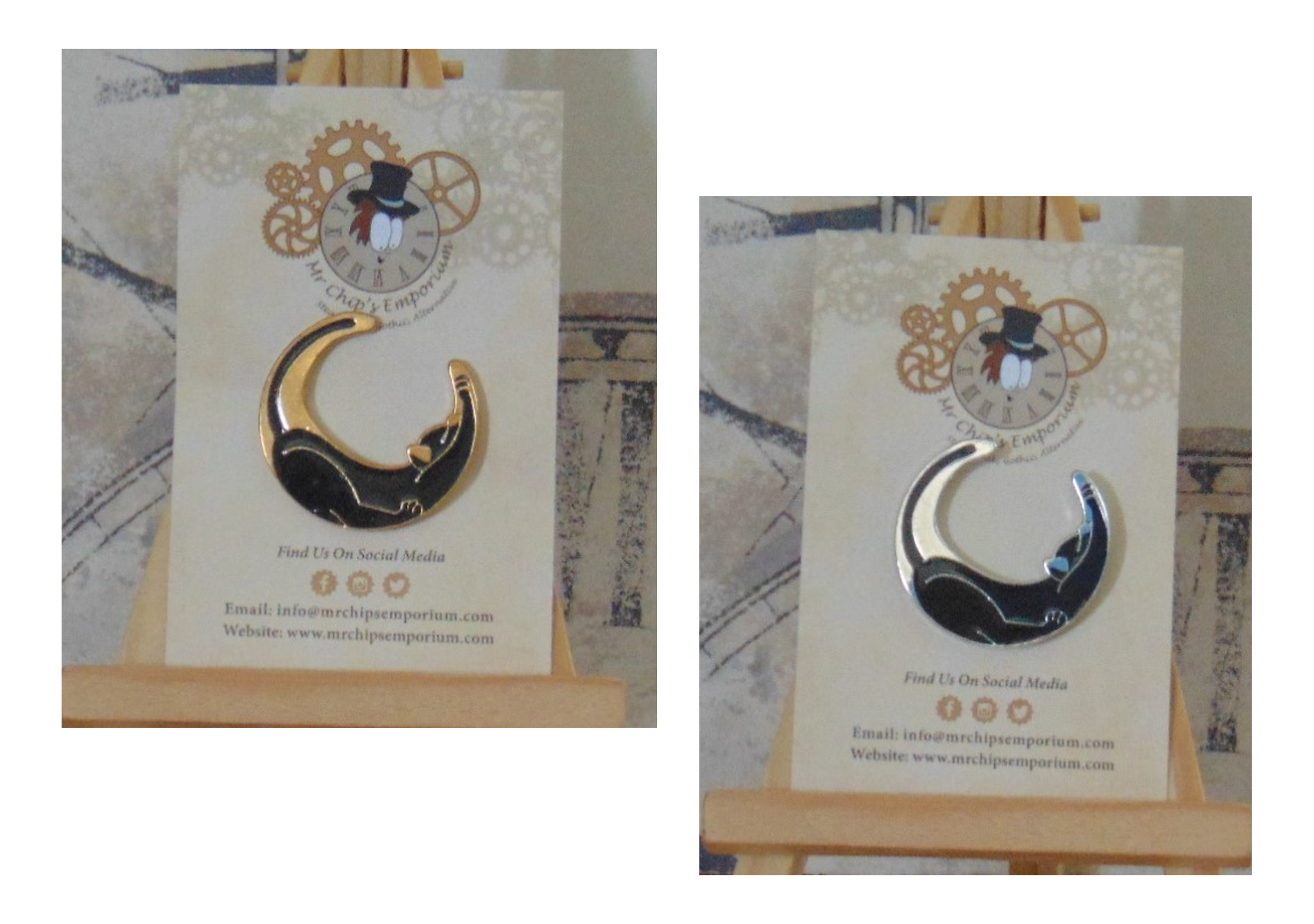 Pin Badge - Cat & Crescent Moon in Gold or Silver Tone Metal
