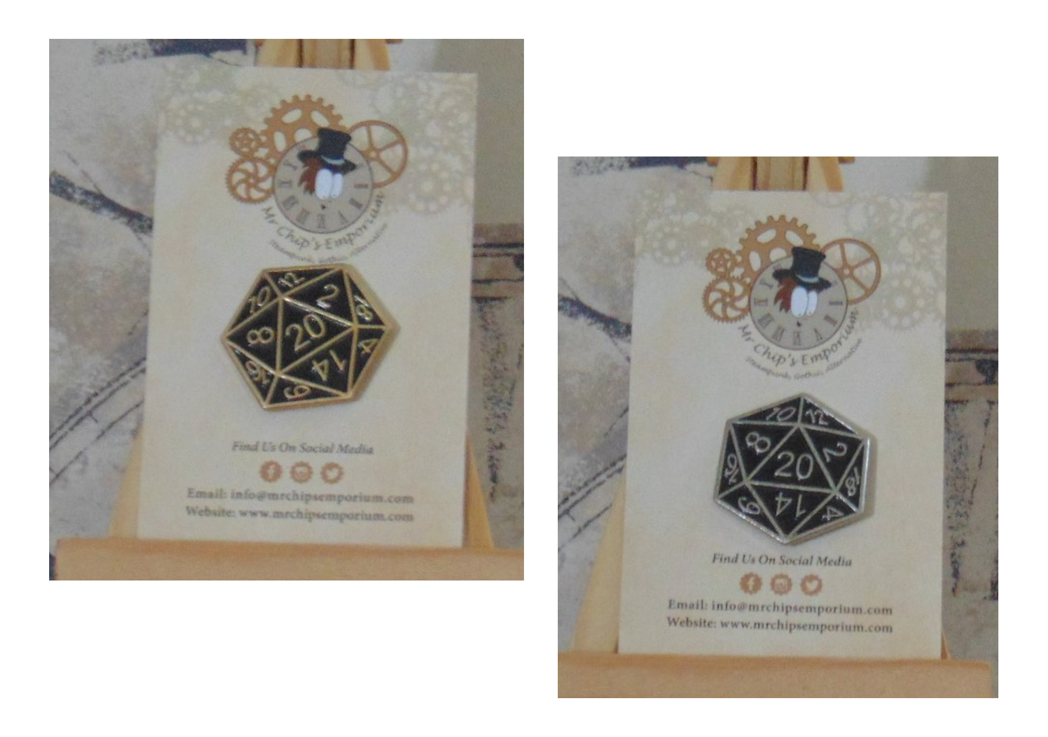 Pin Badge - 20 Sided Dice in Gold or Silver