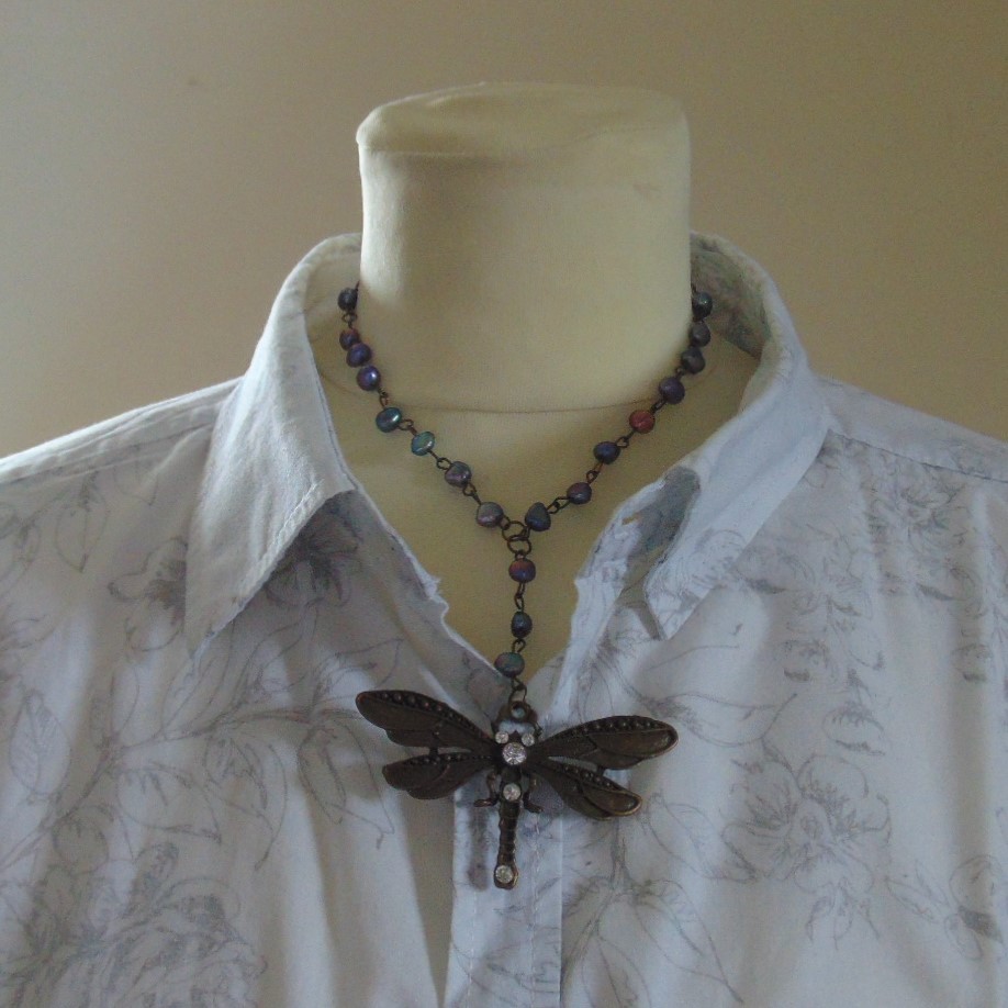 Necklace - Dragonfly Pendant on Black Fresh Water Pearl Chain