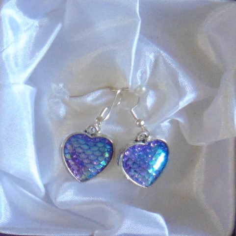 Earrings - Silver Metal Heart Shape with Fish Scale Centre