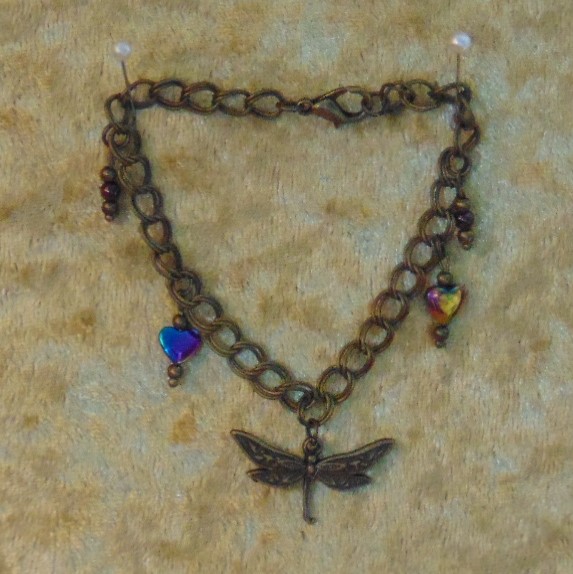 Bracelet - Dragonfly Charm, Hematite Hearts & Garnet Beads