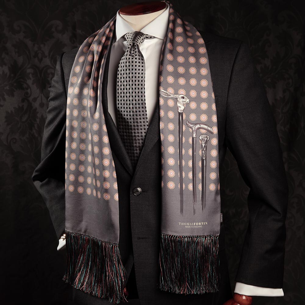 Light grey scarf walking canes design scarf with full fringe