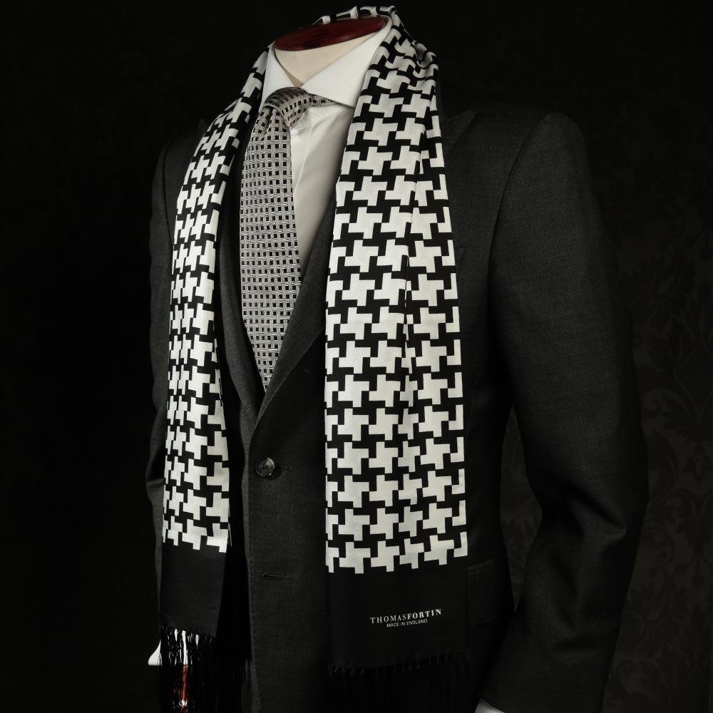 Black and White Houndstooth silk fringed scarf