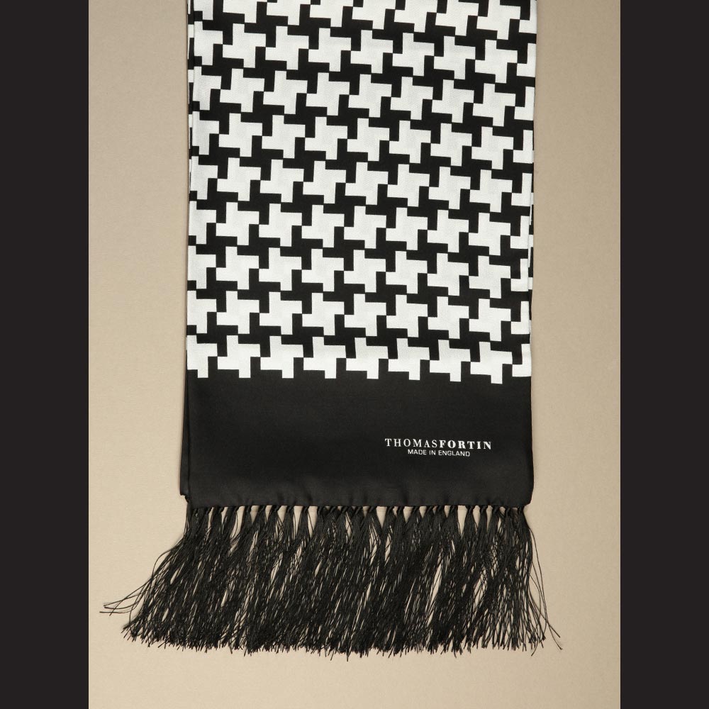Black and White Houndstooth silk fringed scarf