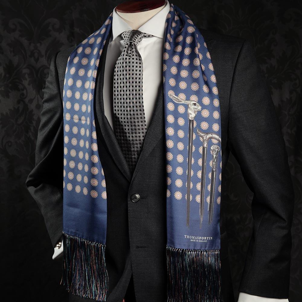 Light blue scarf walking canes design scarf with full fringe