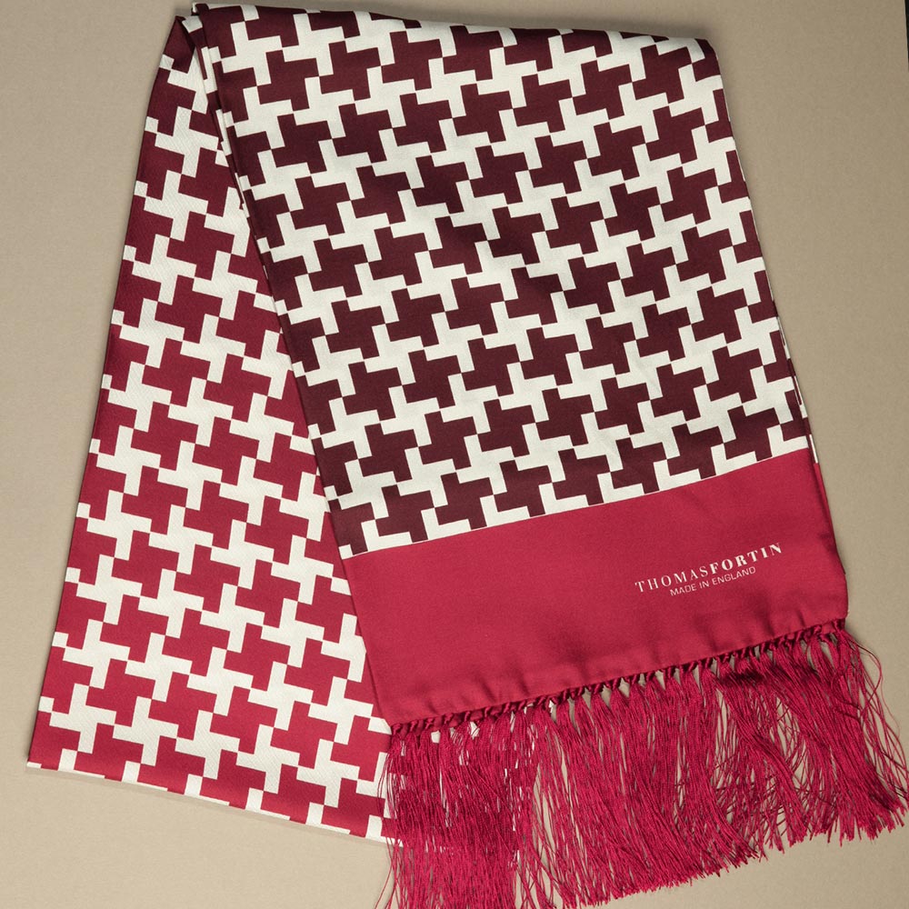 Red and White Houndstooth ombré silk fringed scarf