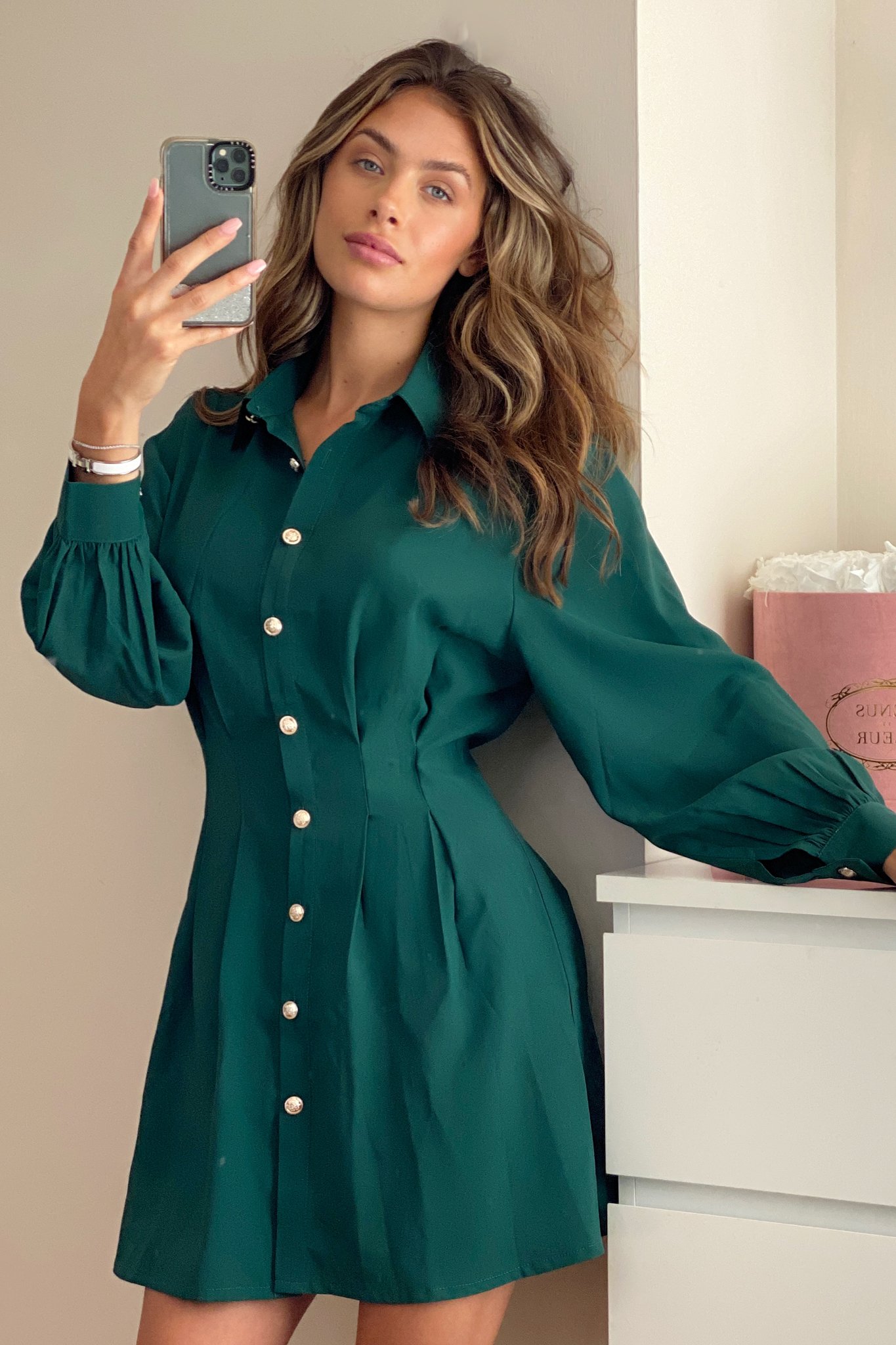 sage green shirt dress