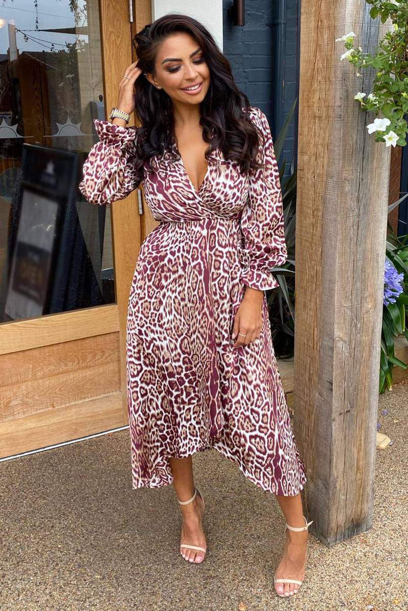 plum animal print midi dress