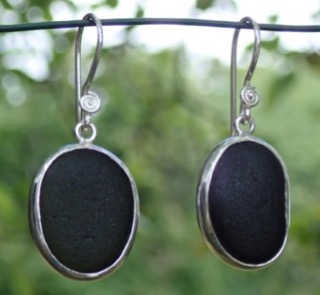 ES31 Eco-silver Sea Glass Earrings from Seaham in Dark Olive Green and Dark Olive Yellow Sea Glass
