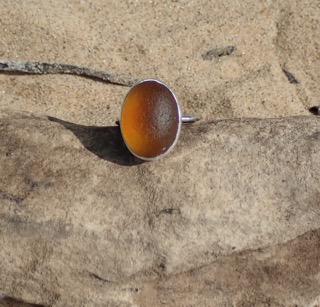 RE179 Eco-silver Sea Glass Ring Seaham Honey Amber UK Q ½