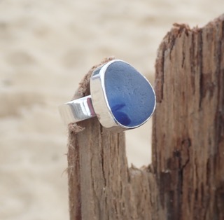 RE165 Eco-silver Sea Glass Ring UK J Seaham Cobalt and Sky Blue