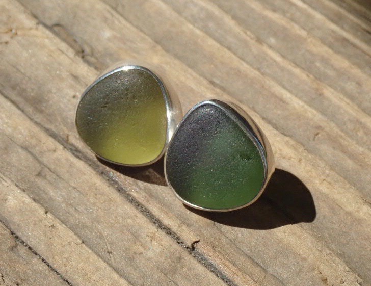 EST38 Eco-silver Sea Glass Earrings Seaham with Olive Yellow and Forest Green Sea Glass