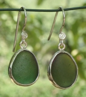 ES28 Eco-silver  Sea Glass Earrings from Seaham in Forest Green Sea Glass