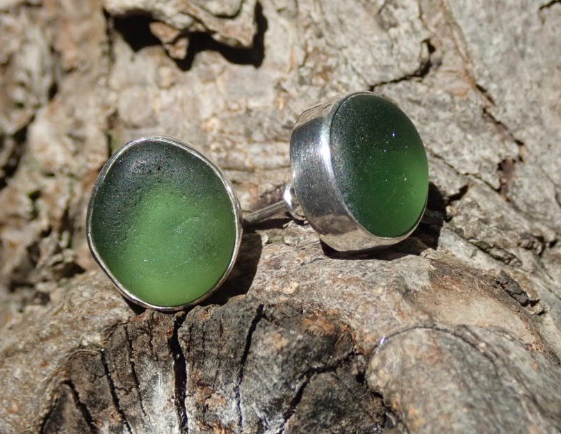 EST40 Eco-silver Sea Glass Earrings Seaham with Forest Green Sea Glass