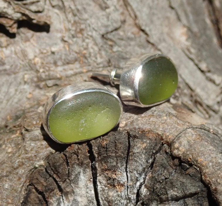 EST36 Sea Glass Eco-silver Earrings Seaham with Olive Yellow Sea Glass