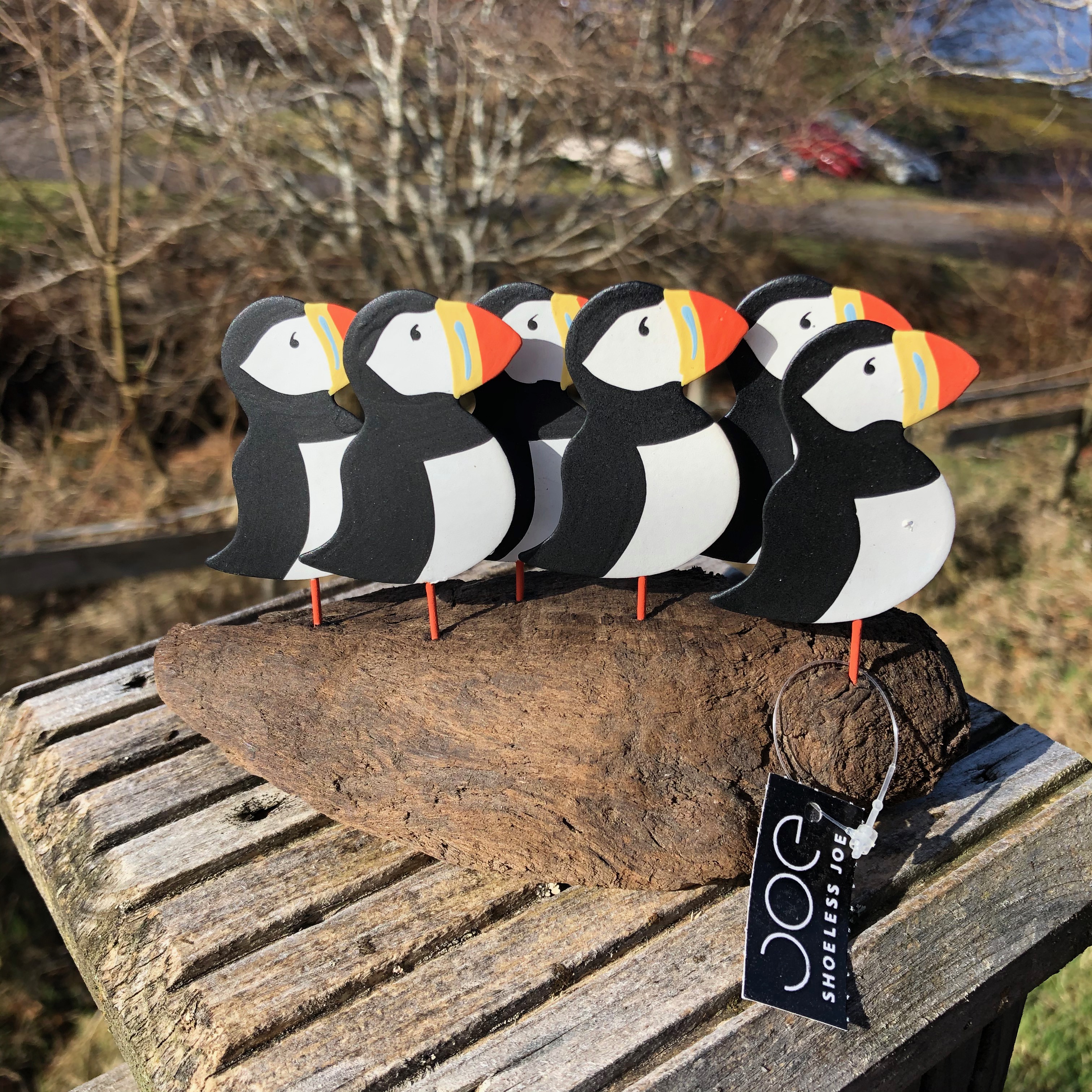 Flock of puffins on driftwood