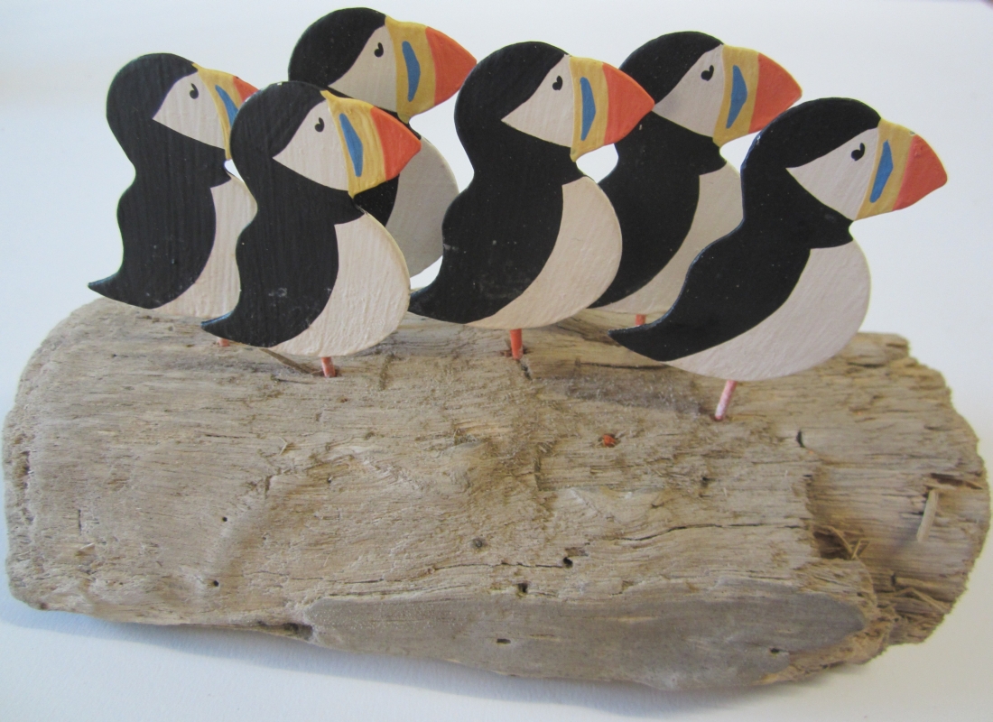 Flock of puffins on driftwood