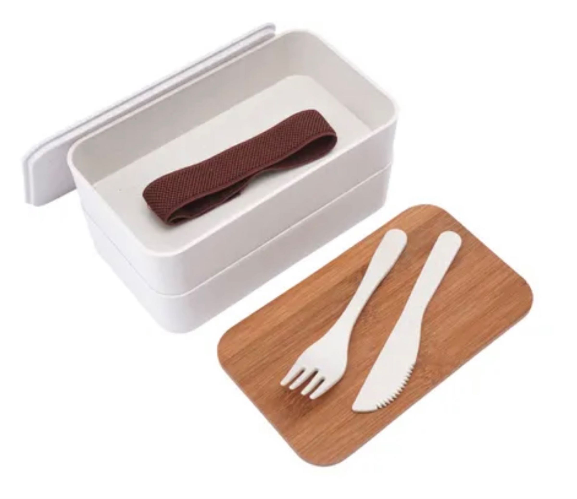 Bamboo Double Lunchbox with Cutlery (lid can be engraved/personalised) 9.5cmx18.5cm x10.8cm