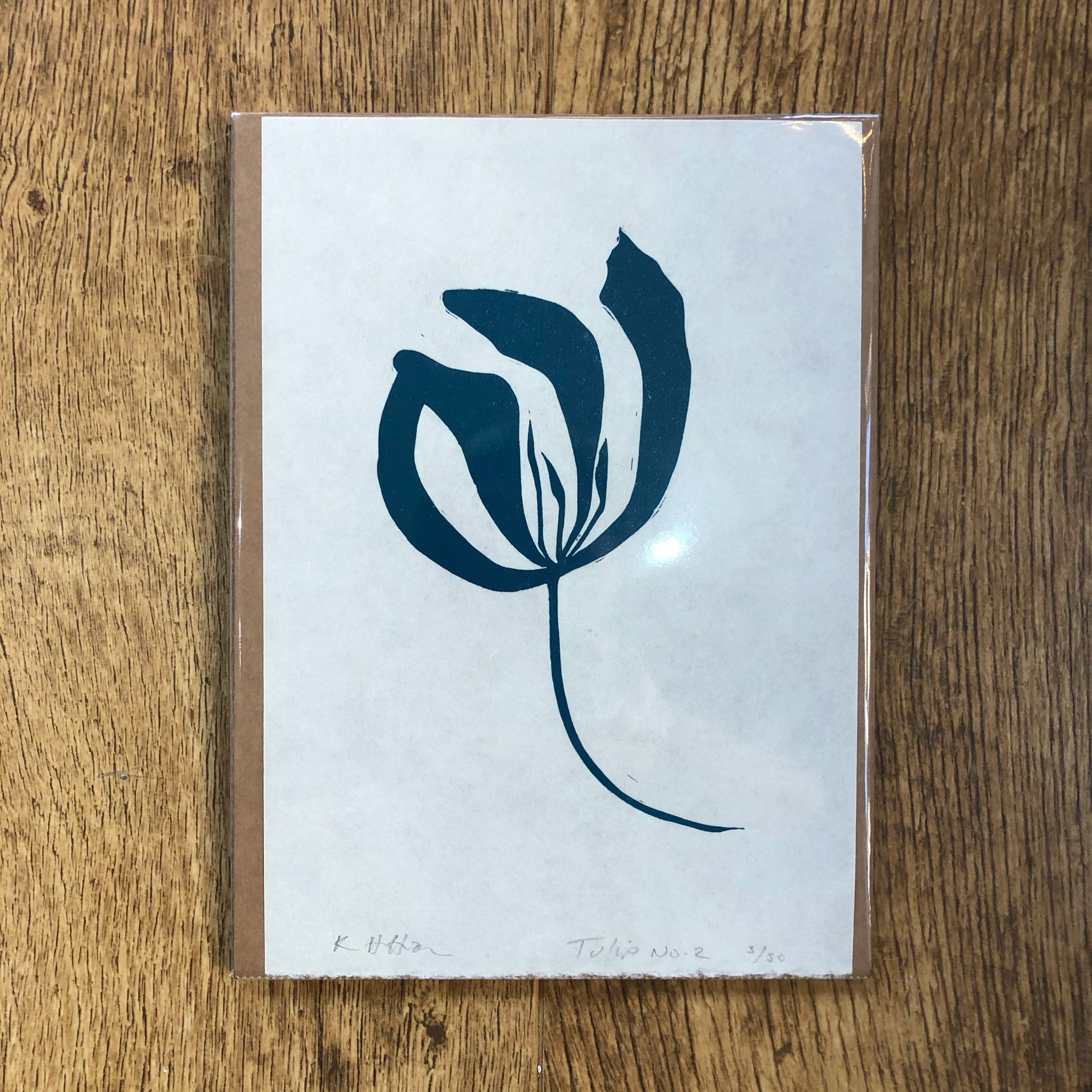 Tulip No. 2 single study lino print in Teal by Kathy Hutton