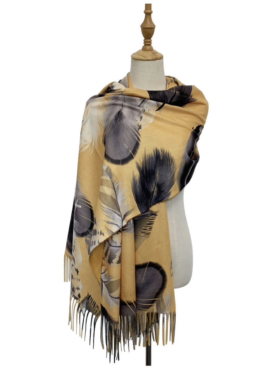 3686 Large Feather Print Wool Scarf with Tassel Edge