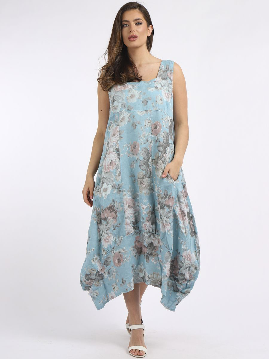 RW6379 Floral Print Sleeveless Linen Dress