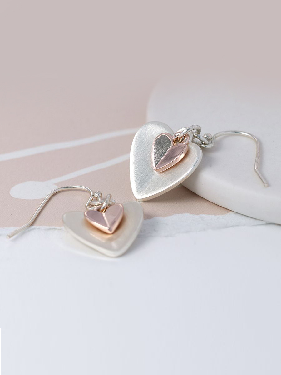 02478 Silver Plated Rose Gold Folded Hearts Earrings