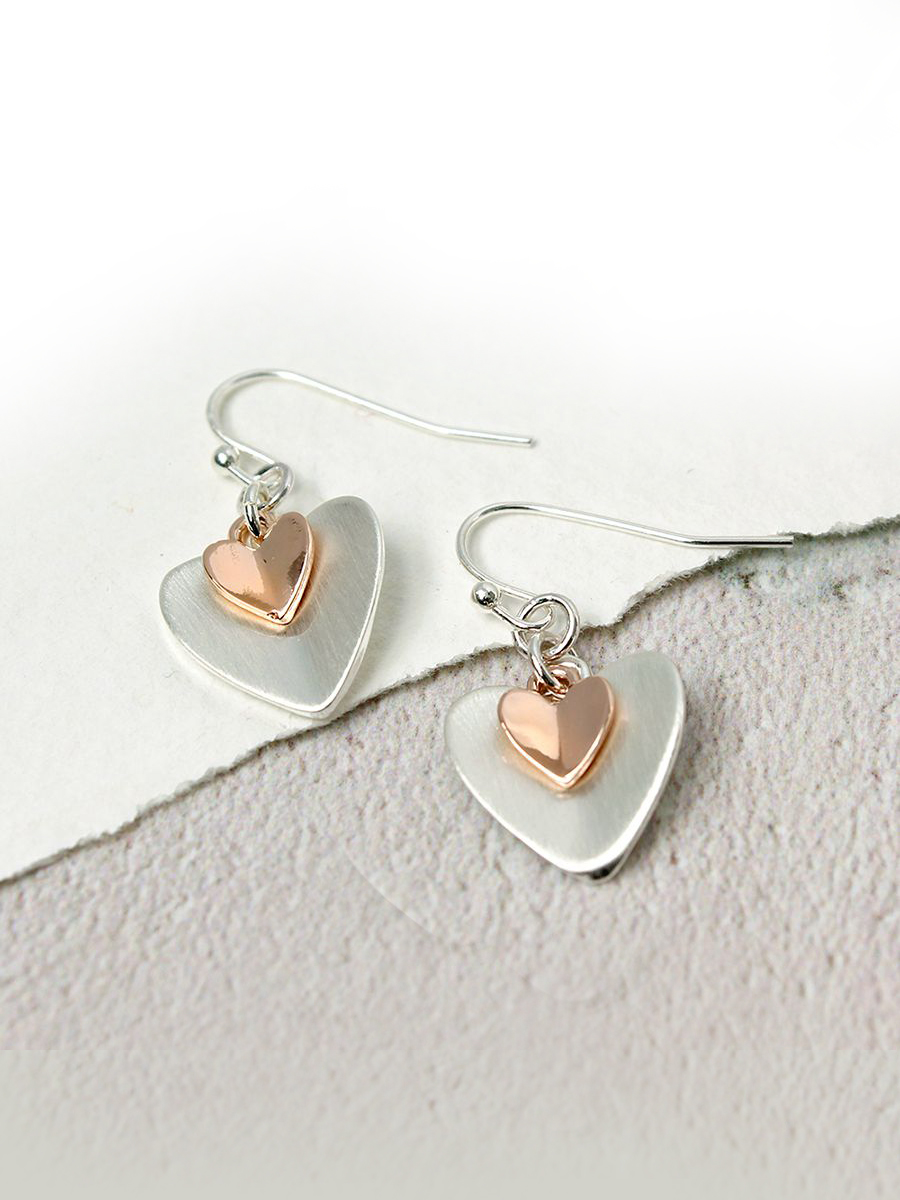 02478 Silver Plated Rose Gold Folded Hearts Earrings
