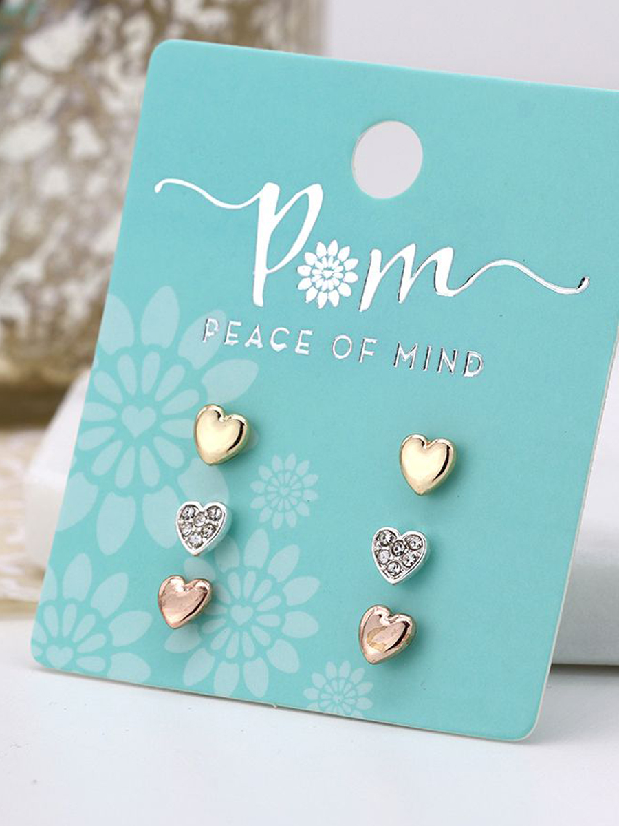 03226 Triple heart rose gold, silver and crystal earring set