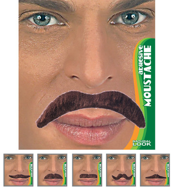 ACCESSORIES/BEARDS & MOUSTACHES/VARIOUS SHAPES OF BROWN STICK-ON MOUSTACHES