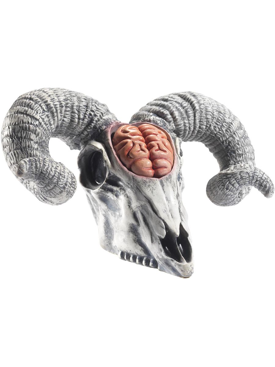 ACCESSORIES/HALLOWEEN/PROPS/ Latex Rams Skull Prop with Exposed Brain, Natural