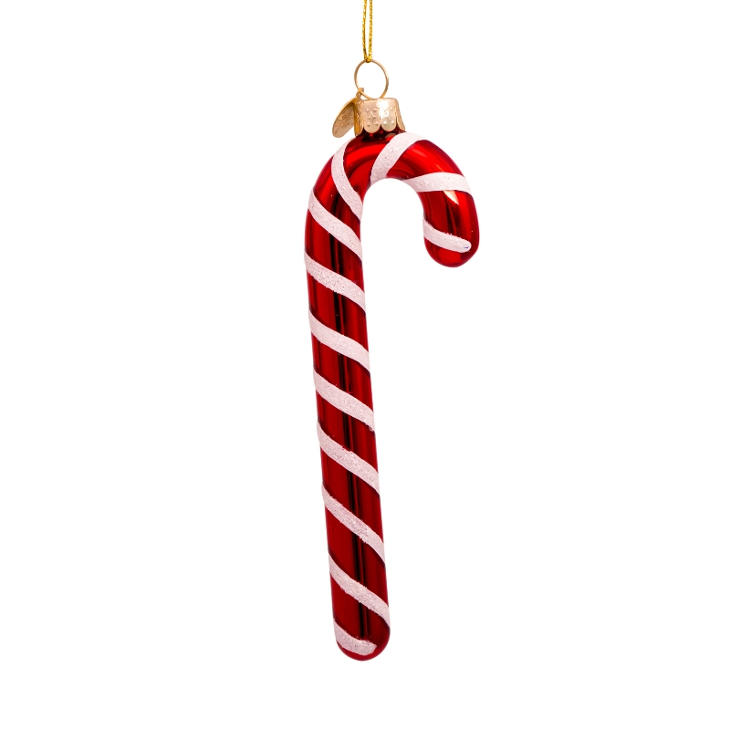 ORNAMENT GLASS RED/WHITE CANDY CANE H14CM