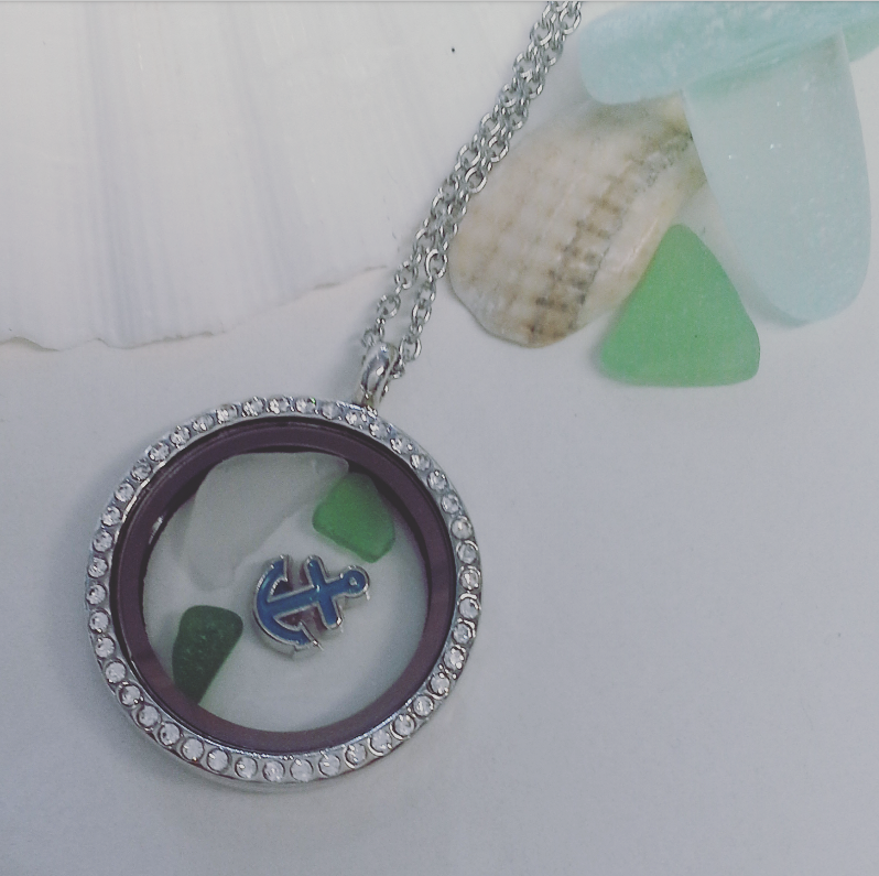 Floating charm lockets with anchor charm and seaglass - West Country ...